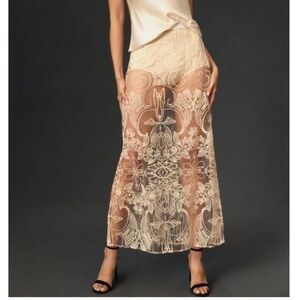 ANTHROPOLOGIE Sheer Lace Embroidered Maxi Skirt Rose Color Size M NEW Demure